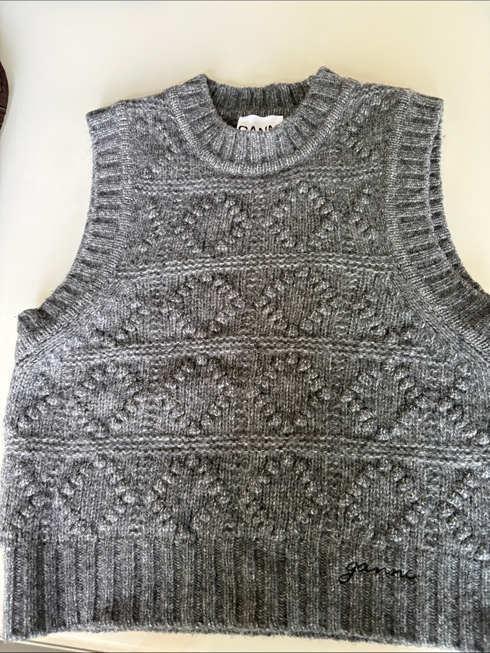 Ganni Gray Cable Knit Sleeveless Crewneck Sweater Vest